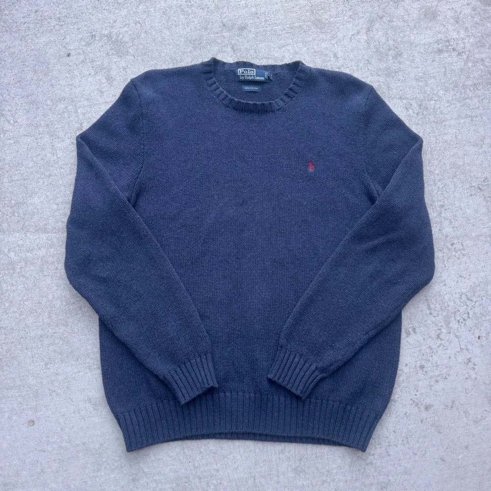 Polo Ralph Lauren Mens Navy Blue Cotton Crewneck Sweater Red Pony Logo Size M